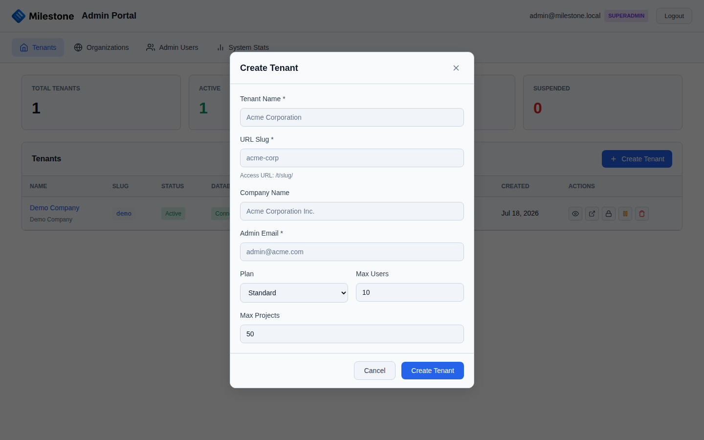 Create Tenant modal in the admin portal