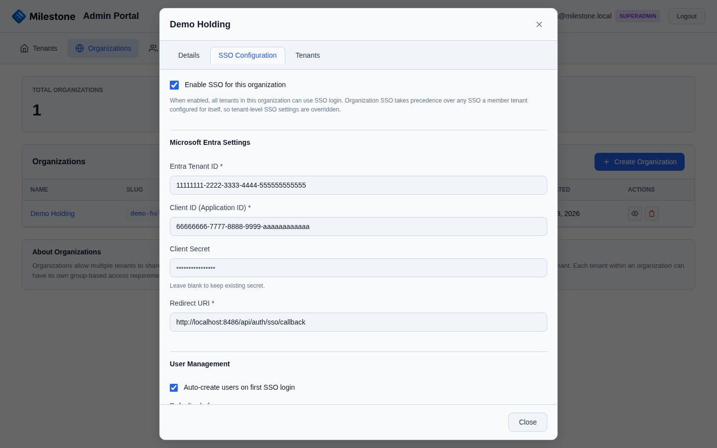 Organization details with the SSO configuration form in the admin portal