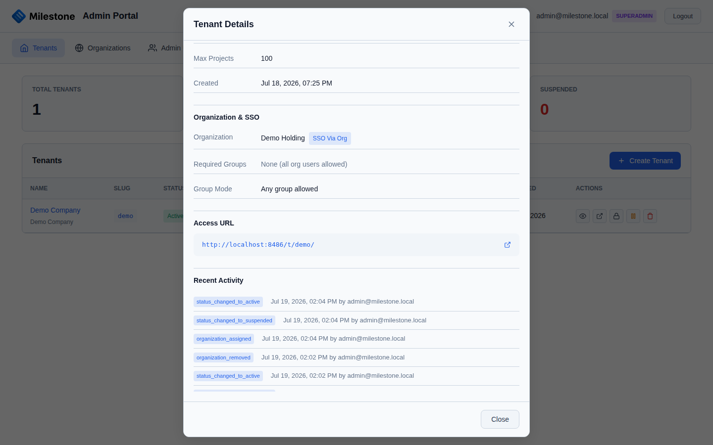 Tenant details modal with the Recent Activity audit log