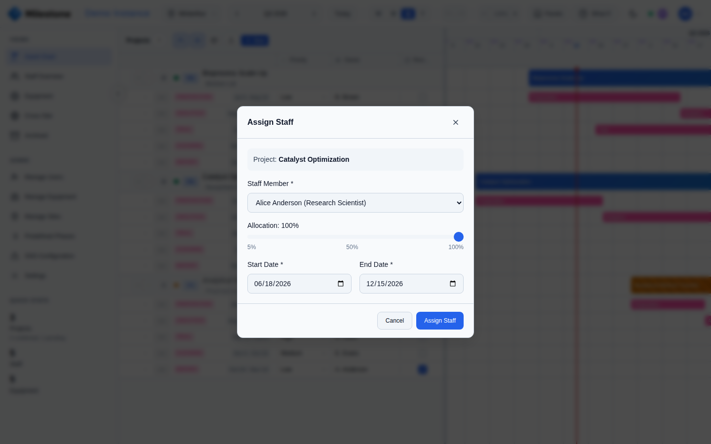 Assign Staff modal with staff dropdown, allocation slider, and date range