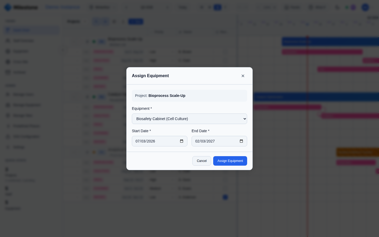 Assign Equipment modal with equipment dropdown and booking dates