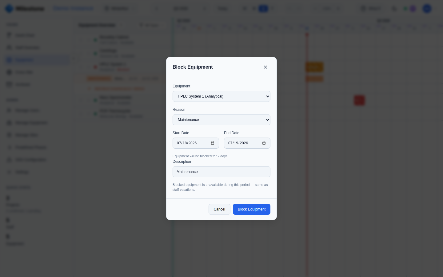 Block Equipment modal with equipment, date range, reason, and description fields