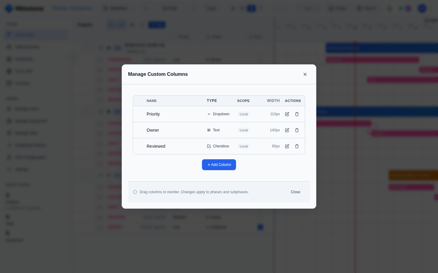 Manage Custom Columns modal with reorder handles and edit/delete actions