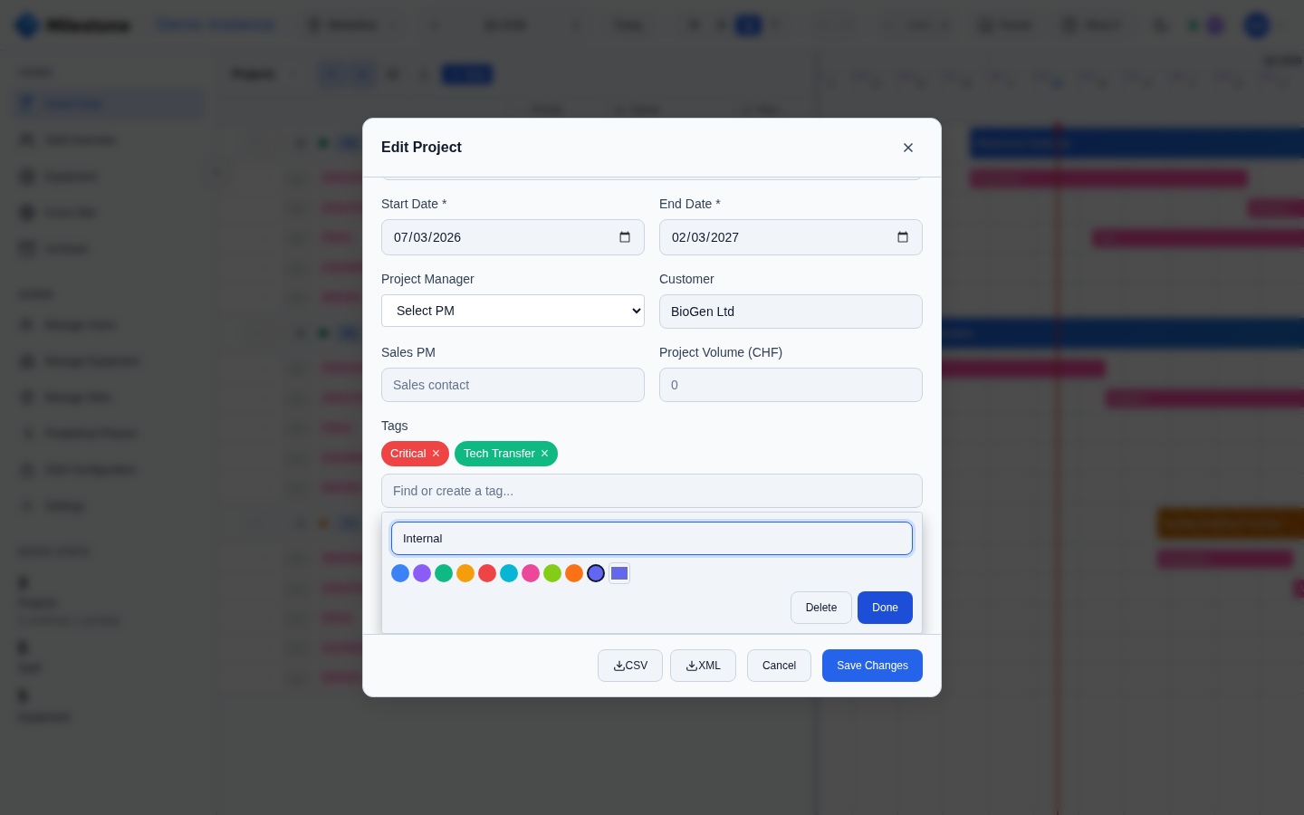 Tag picker in the project modal with the tag edit panel and color palette open