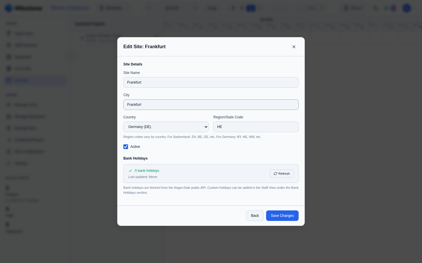 Site edit modal with country and region fields and the bank-holiday refresh
