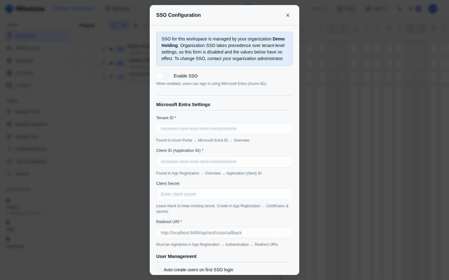Tenant SSO Configuration form shown read-only because organization SSO is active