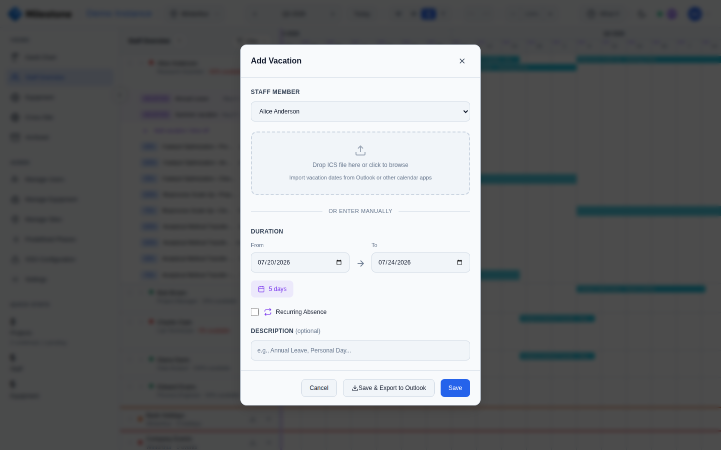 Vacation modal with date range, recurring-absence day toggles, and ICS import zone